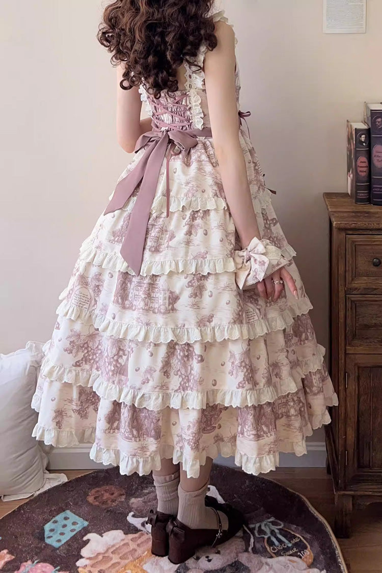 Smoky Purple [Grape Moon Almanac] Sleeveless Multi-Layered Printed Ruffled Bow Adjustable-Length Sweet Lolita Jsk Dress - Product - 7
