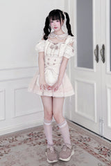 Jirai Kei Square Collar Off Shoulder Short Sleeves Printed Bow Sweet Maid Skirt Set 2 Colors - Product - 8