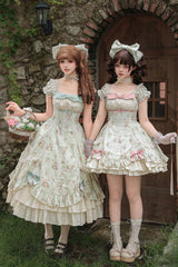 Green [An Encounter with Austin] Square Collar Short Sleeves Multi-Layered Rose Printed Ruffled Bow Lace Sweet Lolita Dress 2 Versions - Product - 6
