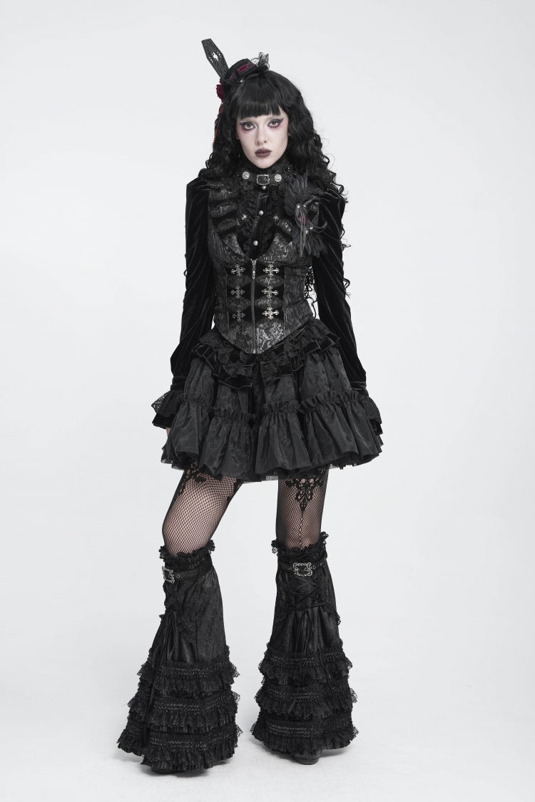 Black Multi-Layered Lace Lace-Up Buckled Pleated Women's Gothic Luxurious Royal  Leg Warmers - Product - 6