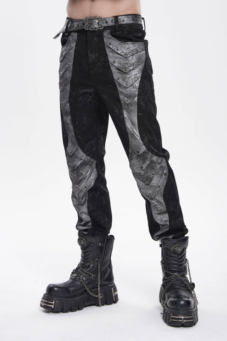 Grey Printed Cut-Out Spliced Color-Blocked Men's Punk Cool Pants - Product - 9