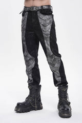 Grey Printed Cut-Out Spliced Color-Blocked Men's Punk Cool Pants - Product - 9