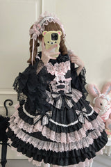 Black/Pink Multi-Layered Ruffle Bowknot Stitching Lace Sweet Lolita Jsk Dress - Black/Pink - 1