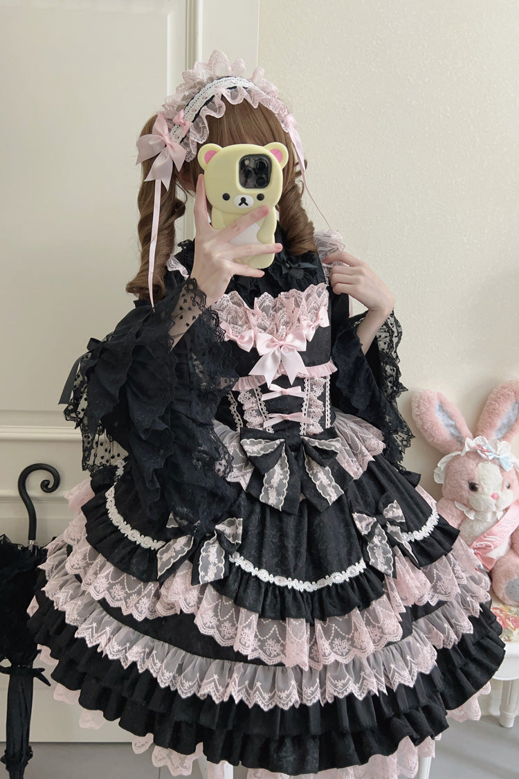 Black/Pink Multi-Layered Ruffle Bowknot Stitching Lace Sweet Lolita Jsk Dress - Black/Pink - 1
