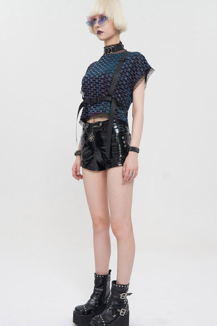Multi-Color Punk Mesh Fabric Adjustable Strap Collar Round Neck Short Sleeve Women's T-Shirt - Product - 3