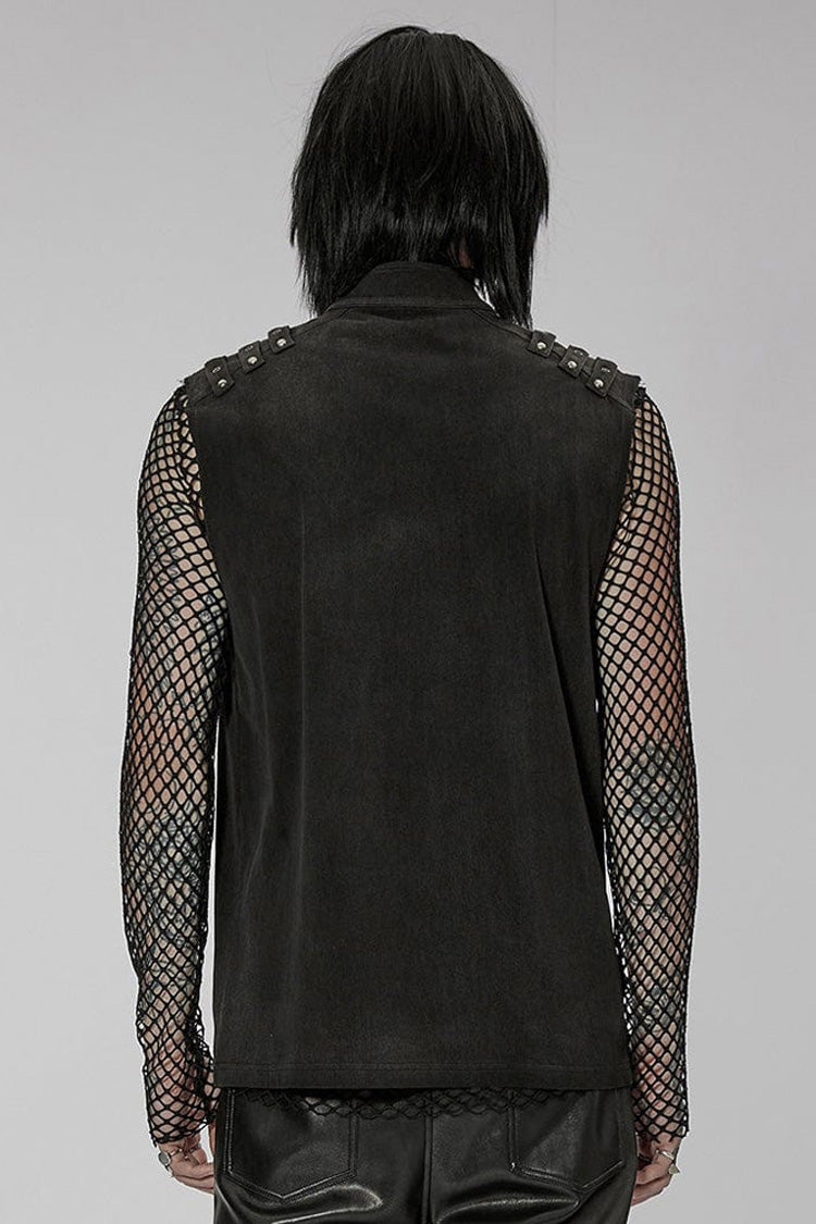 Black Punk Stand Collar Anterior Middle Asymmetry Design Zipper Shoulder Decorate Webbing Men's Vest - Product - 3