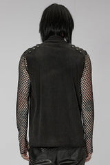 Black Punk Stand Collar Anterior Middle Asymmetry Design Zipper Shoulder Decorate Webbing Men's Vest - Product - 3