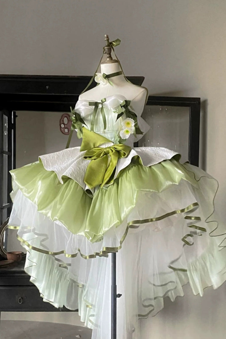Green [Forest Princess] Off Shoulder Ruffled Bow Patchwork Sweet Lolita Dress - Product - 2