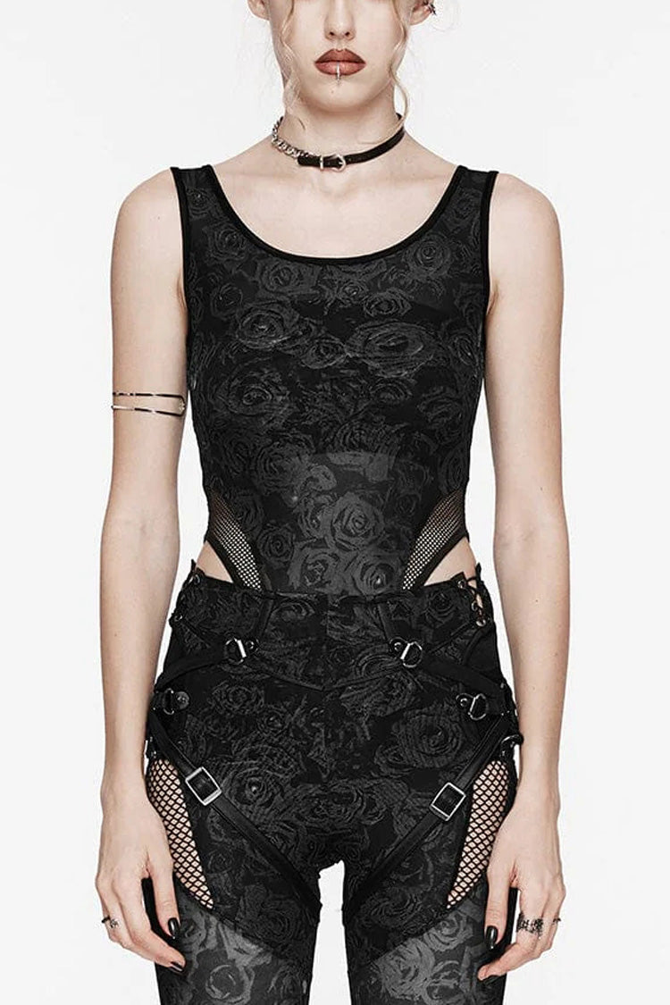 Sleeveless Print Hollow Lace Mesh Sheer Womens Steampunk Bodysuit 3 Colors - Black - 1