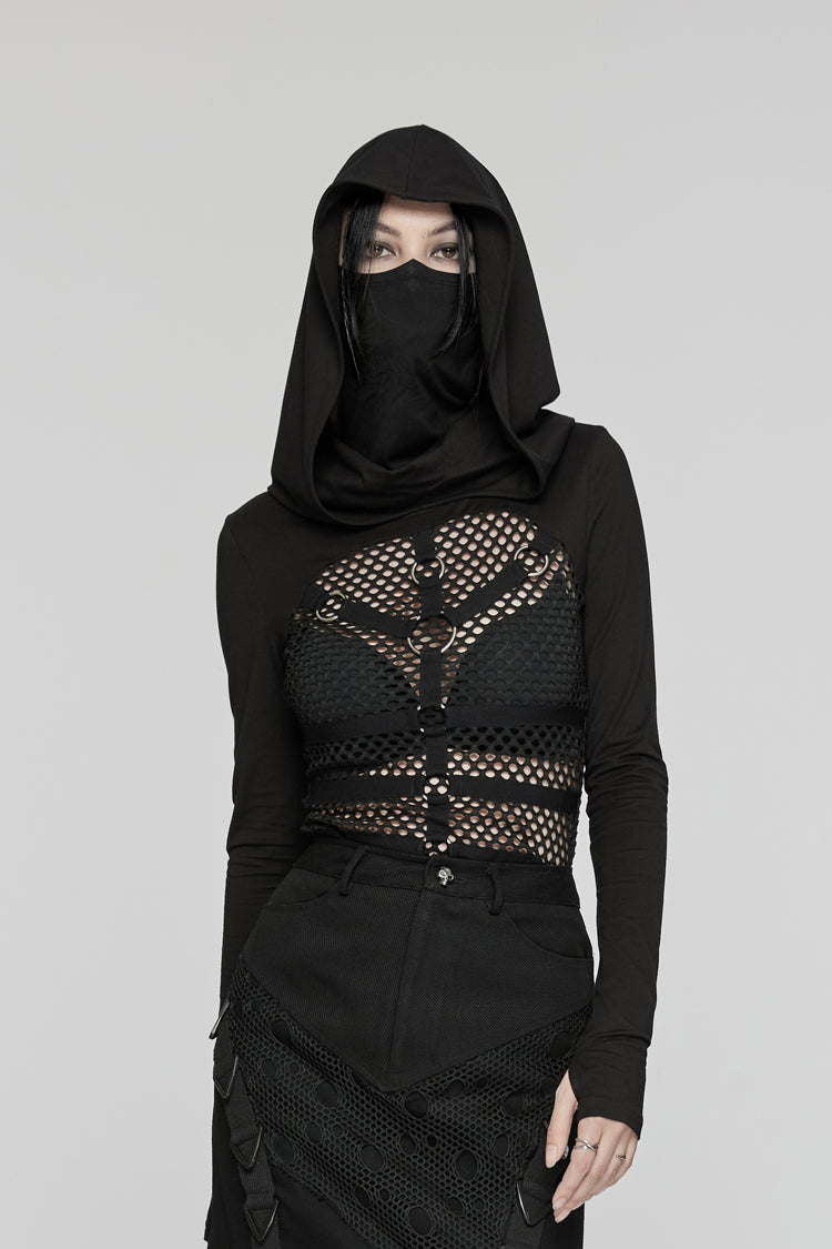 Black Long Sleeves Stitching Hooded Mesh Women's Punk T-Shirt - Black - 1