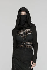 Black Long Sleeves Stitching Hooded Mesh Women's Punk T-Shirt - Black - 1