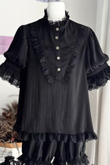 Black Stand Collar Long Short Sleeves Printed Ruffled Lace Gothic Ouji Lolita Set 2 Versions - Product - 15