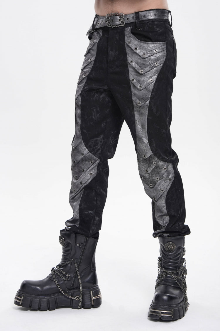 Grey Printed Cut-Out Spliced Color-Blocked Men's Punk Cool Pants - Product - 11