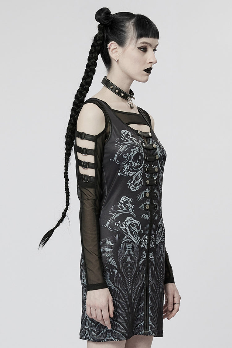 Black Off Shoulder Long Sleeves Print Metal Rivets Women's Gothic Two Pieces Dress - Product - 2