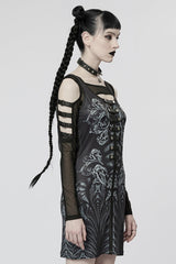 Black Off Shoulder Long Sleeves Print Metal Rivets Women's Gothic Two Pieces Dress - Product - 2