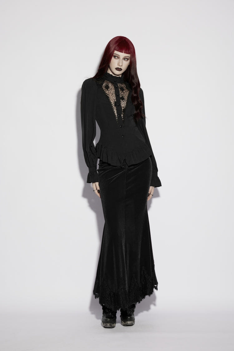 Black Stand Collar Long Lantern Sleeves Cut-Out Embroidered Spliced Lace-Up Slim Sheer Mesh Pleated Women's Gothic Palace Blouse - Product - 7