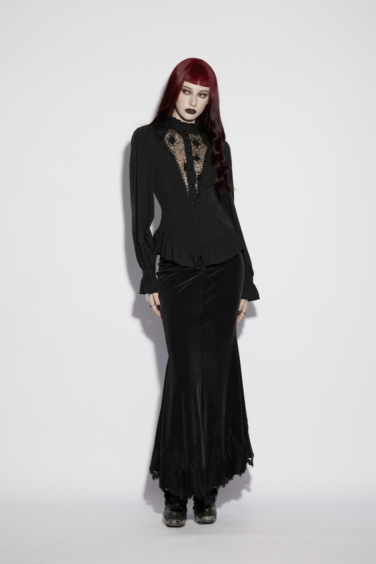 Black Stand Collar Long Lantern Sleeves Cut-Out Embroidered Spliced Lace-Up Slim Sheer Mesh Pleated Women's Gothic Palace Blouse - Product - 7