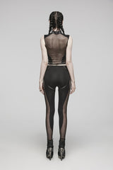 Black Cut-Out Spliced Lace-Up Slim Mesh Eyelet Women's Punk Leggings - Product - 4