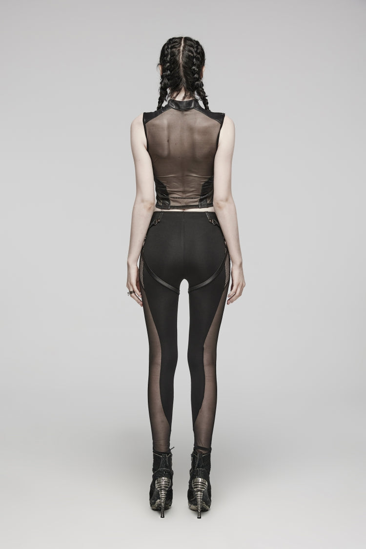 Black Cut-Out Spliced Lace-Up Slim Mesh Eyelet Women's Punk Leggings - Product - 4