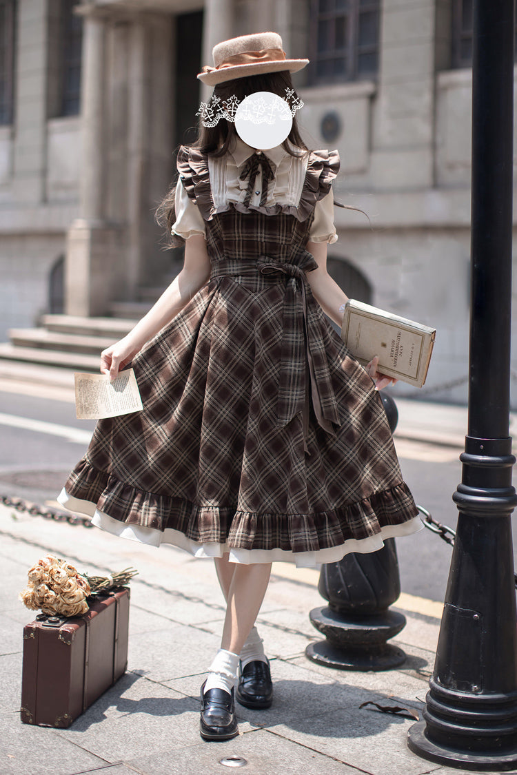 Brown [The Thames at Dusk] Print Short Sleeves Ruffle Bowknot Fake Two Pieces Vintage Lolita Dress - Product - 5