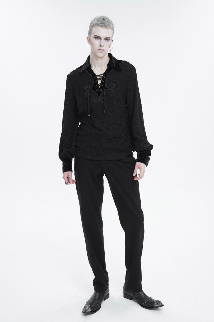 Black Embroidered Chest With Drawstring Strappy Puff Sleeved Men's Gothic Shirt - Product - 2