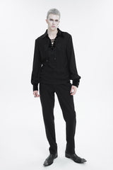 Black Embroidered Chest With Drawstring Strappy Puff Sleeved Men's Gothic Shirt - Product - 2