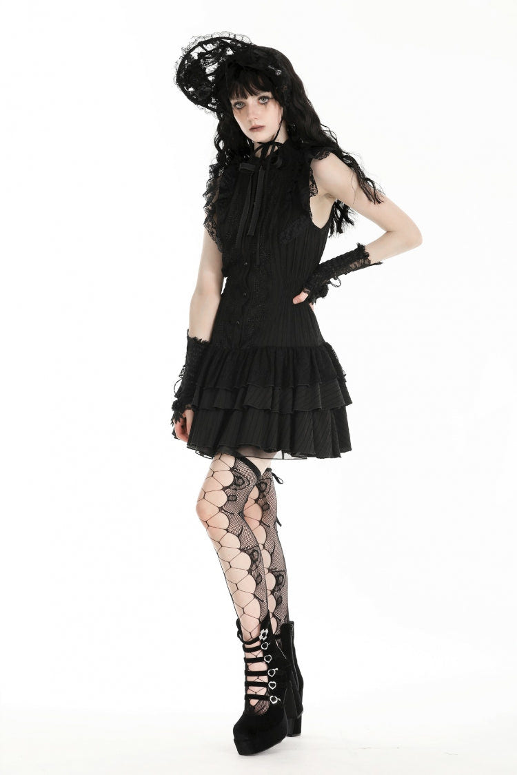 Black Lace Ruffled Stand Collar Bow Sleeveless Triple-Layered Hem Women's Gothic Dress - Product - 8