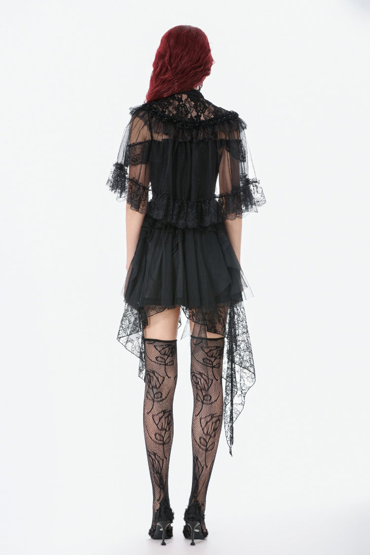 Black Sleeveless Ruffled Lace Spliced Mesh Women's Gothic Cape - Product - 12