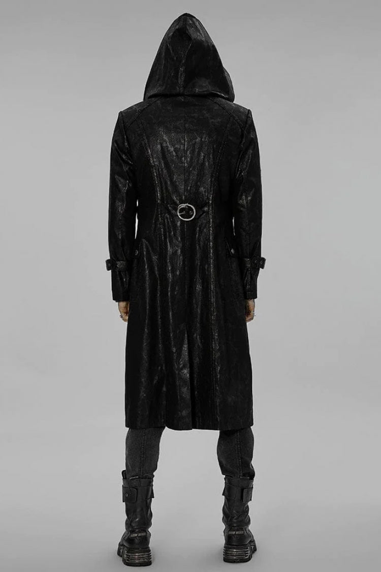 Black Stand Collar Print Asymmetric Metal Chain Zip Mens Steampunk Coat - Product - 3