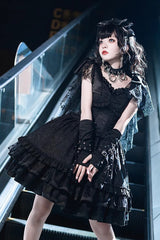 Black Lace Flying Sleeves Fish Bone Ruffle Gothic Lolita Dress - Product - 3