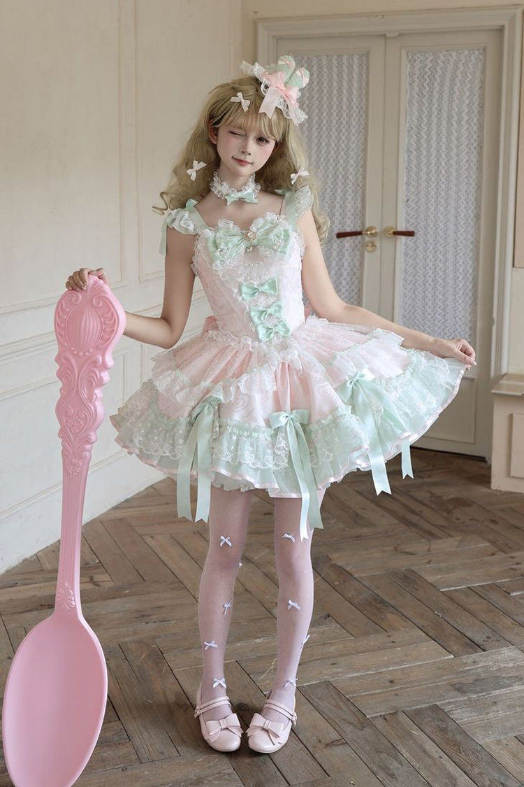 Pink [Candy Satin Ballet] Square Collar Sleeveless Multi-Layered Ruffled Bow Lace Pearl Detail Sweet Lolita Jsk Dress - Product - 6