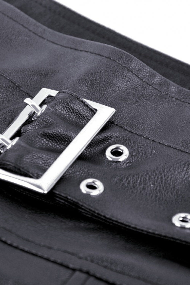 Black Faux Leather Metal Belt Buckled Pleated Women's Punk Mini Skirt - Product - 13