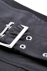 Black Faux Leather Metal Belt Buckled Pleated Women's Punk Mini Skirt - Product - 13