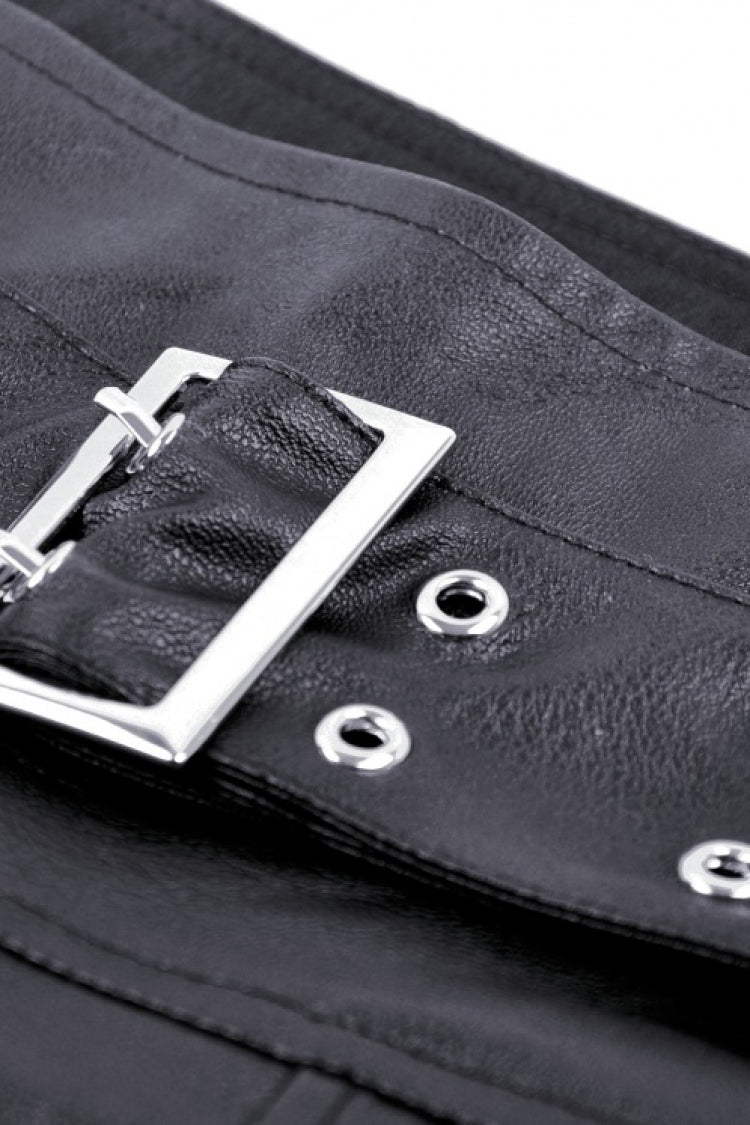 Black Faux Leather Metal Belt Buckled Pleated Women's Punk Mini Skirt - Product - 13