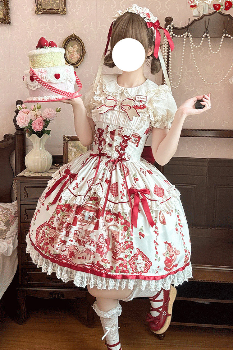 Ivory/Red [Strawberry Bear] Sleeveless Print Ruffle Embroidery Bowknot Lace Sweet Lolita Jsk Dress - Product - 8