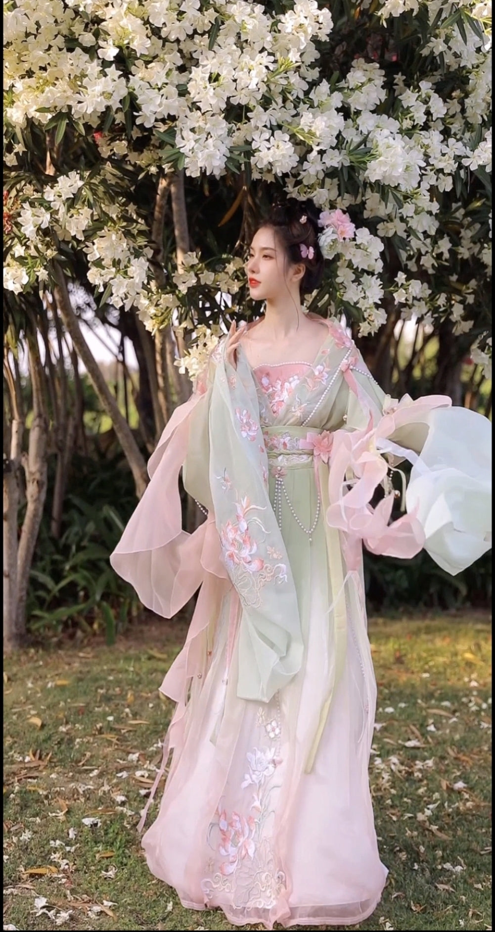 Gorgeous Embroidery With Pearl Accessories Women's Sweet Hanfu Dress Full Set 3 Colors - Product - 9