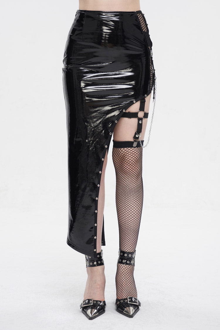 Black Irregular Patent Leather Women's Punk Skirt With Mesh Stocking - Black - 1