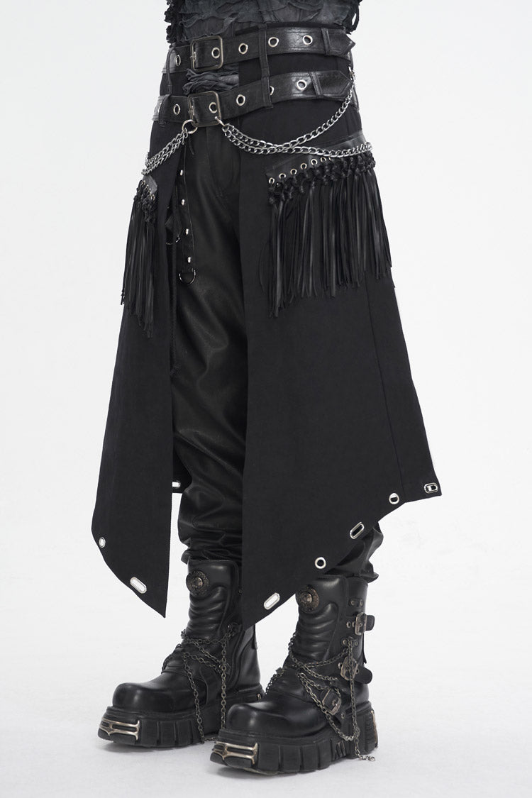 Black Irregular Double Belt Tassels Men's Gothic Skirt - Product - 3