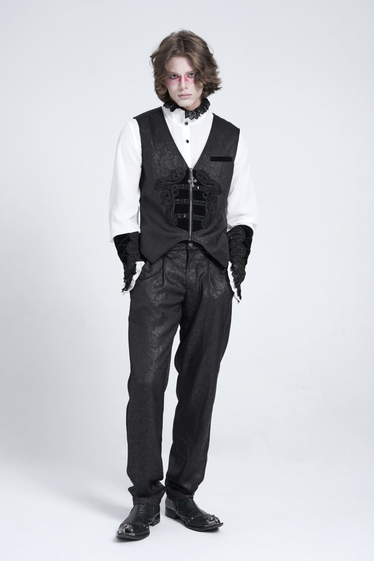 Black Sleeveless Floral Embroidery Stitching Velvet Men's Gothic Vest - Product - 11