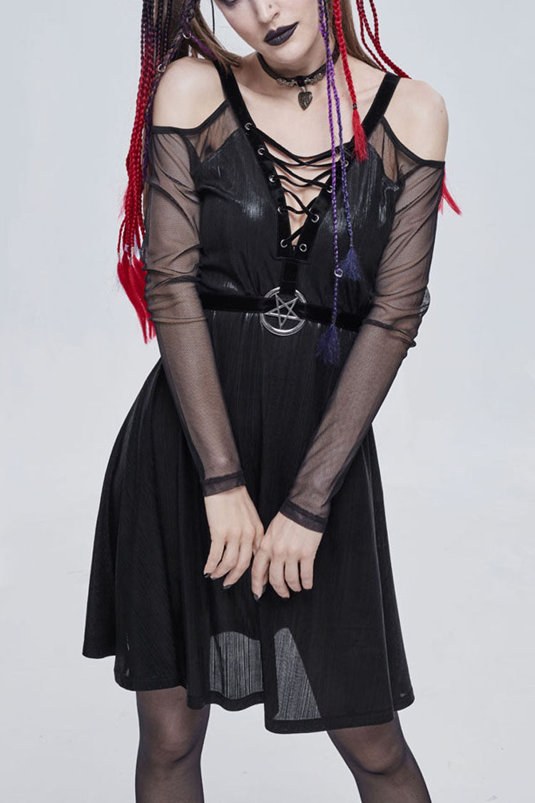 Black Stretch Knit Patchwork Fine Mesh V Neck Cross Tie Metal Pentagram Buckle Strap Women's Punk Dress - Black - 1