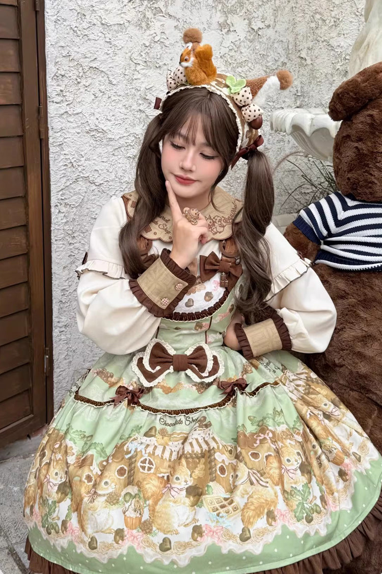 Green [Squirrel Chocolate Shop] Sleeveless Printed Ruffled Bow Sweet Lolita JSK Dress with Blouse - Green - 1