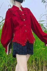 [Late Night] Lapel Collar Long Sleeves Ruffle Lace Slim Sweet Lolita Blouse 6 Colors - Product - 18