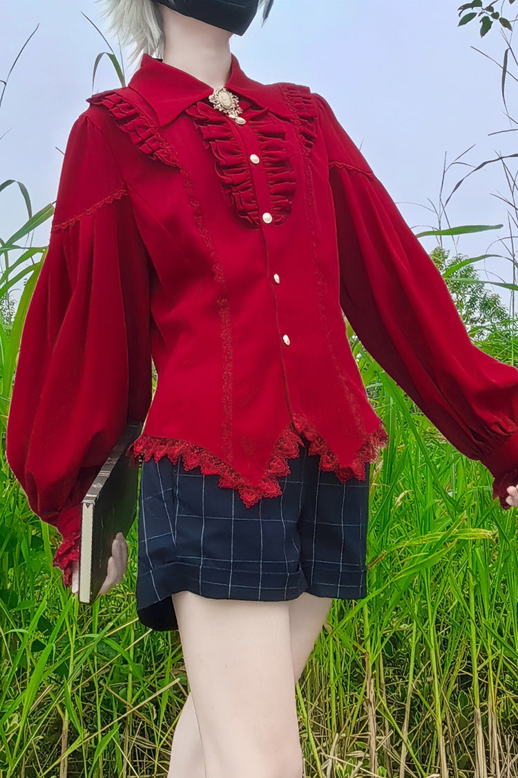 [Late Night] Lapel Collar Long Sleeves Ruffle Lace Slim Sweet Lolita Blouse 6 Colors - Product - 18