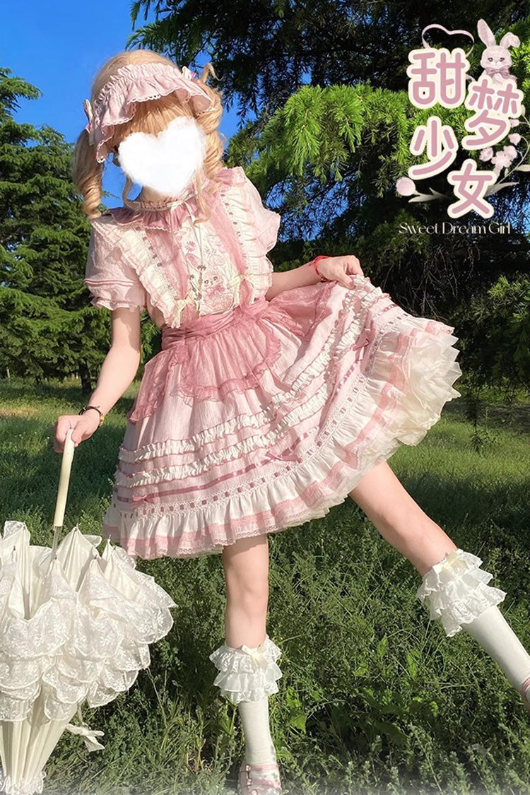 Pink Rabbit Print Sweet Dream Girl Short Sleeves Ruffle Bowknot Stitching Lace Lolita Dress - Product - 9