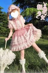 Pink Rabbit Print Sweet Dream Girl Short Sleeves Ruffle Bowknot Stitching Lace Lolita Dress - Product - 9