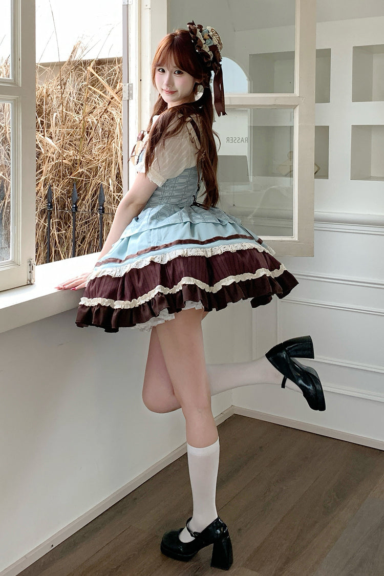 Green/Brown [Mint Chocolate] Sleeveless Triple-Layered Ruffle Bowknot Sweet Lolita Jsk Dress - Product - 10
