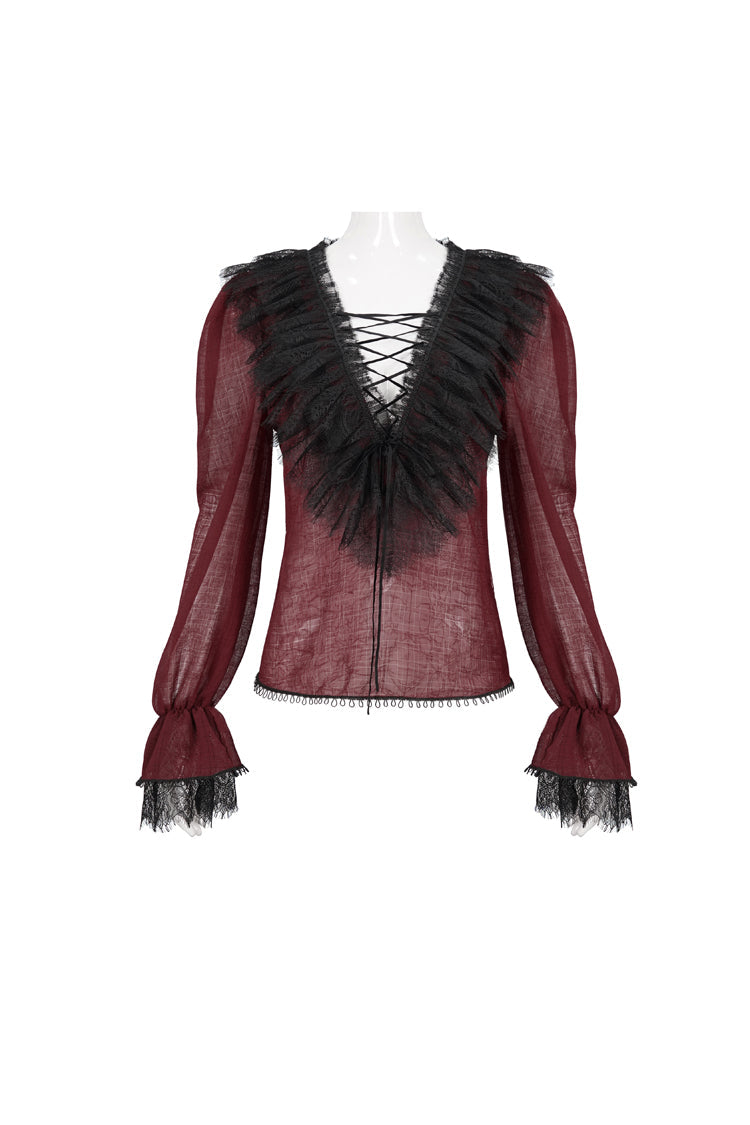 Red Thin Waist Plaid Stitching Layered Lace Long Sleeves Women's Gothic Shirt - Product - 6