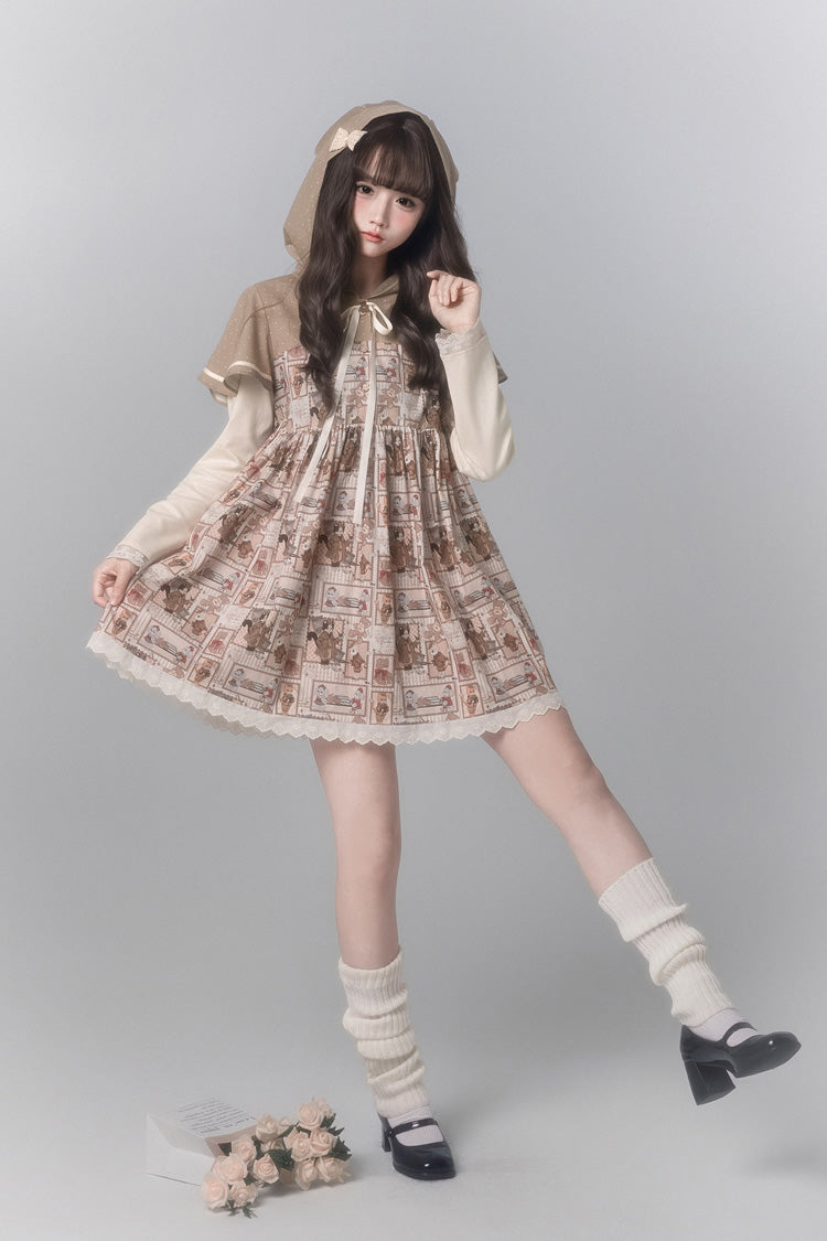 Brown [Bear Stamp] Long Sleeves Printed Hooded Sweet Lolita Dress - Product - 5