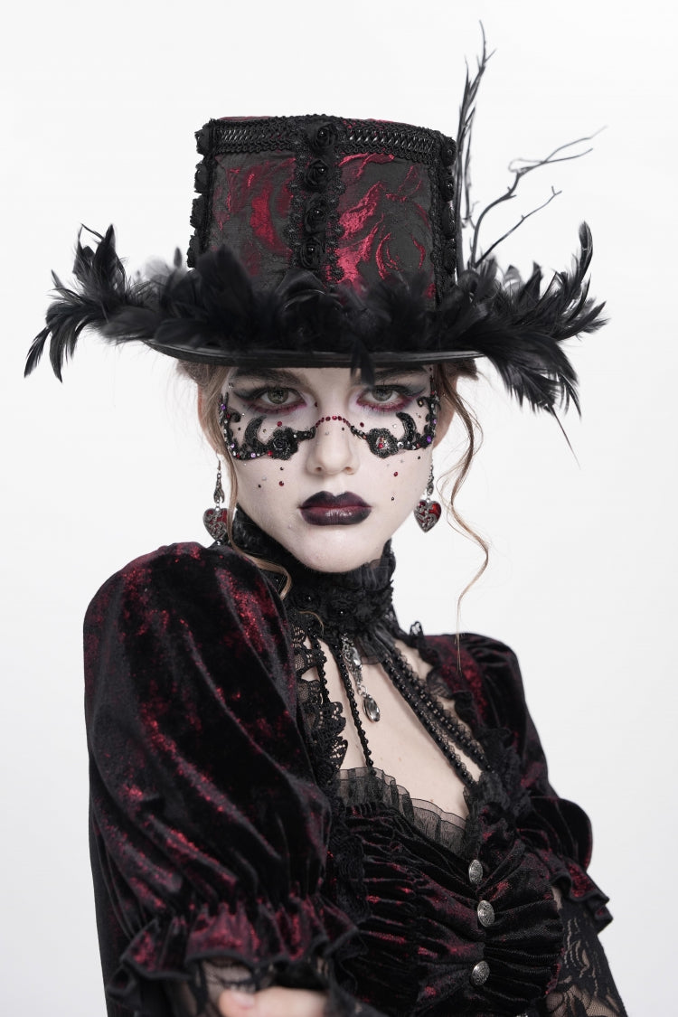 Red Embroidered Women's Gothic Gorgeous Floral Feather Hat - Product - 4