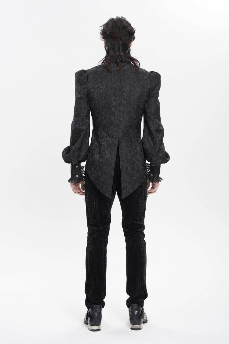 Black Lapel Collar Long Lantern Sleeves Jacquard Embroidered Lace Men's Gothic Palace Swallow-tailed Shirt with Necktie - Product - 4